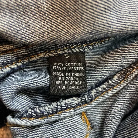 Rue 21 Jean Jacket Womens Small Blue Denim Distressed Dark Wash Black Hooded - Picture 4 of 11